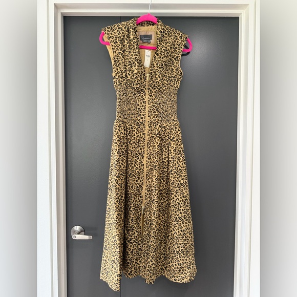 NWT Anthropologie Tommie Cap Sleeve Cheetah Smocked front zip shirt dress XS